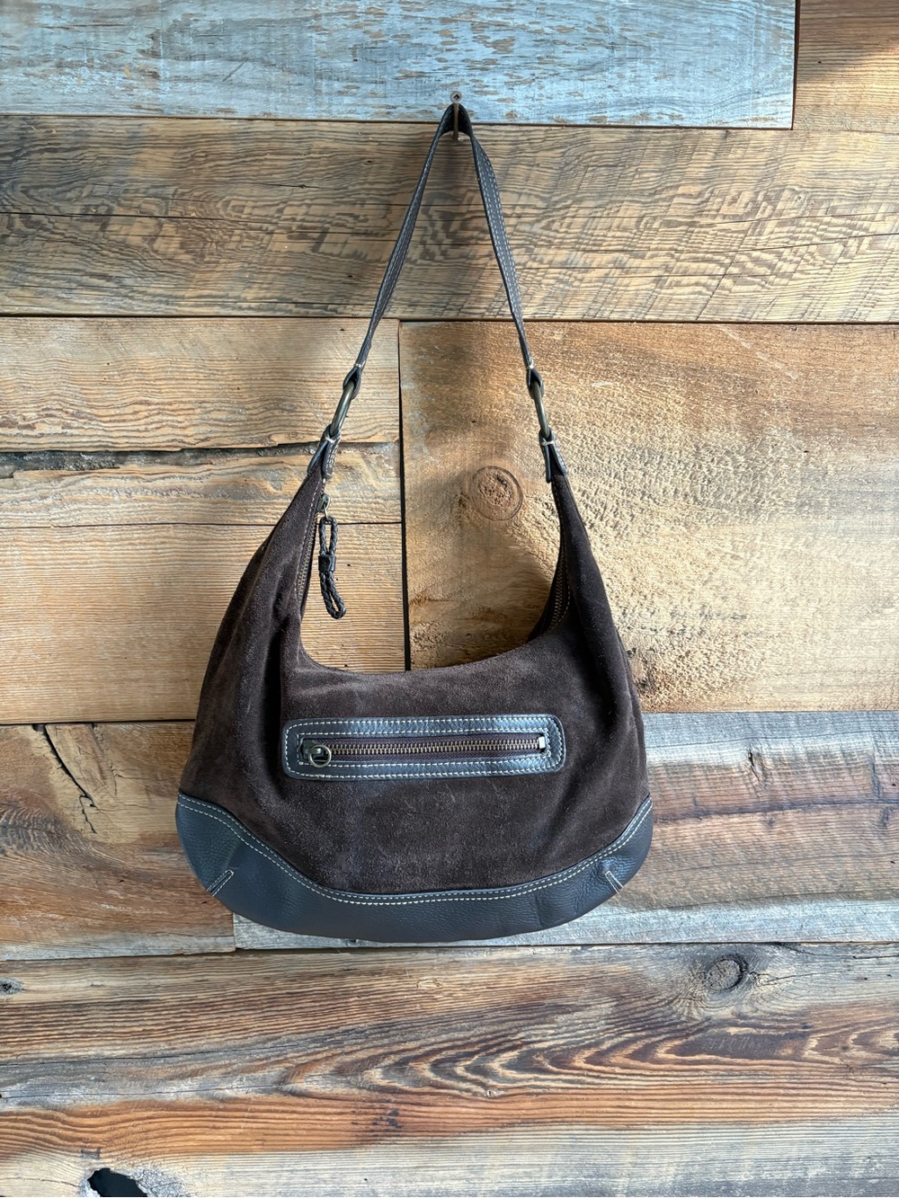 Eddie Bauer Dark Brown Suede Messenger Bag with Black Trim